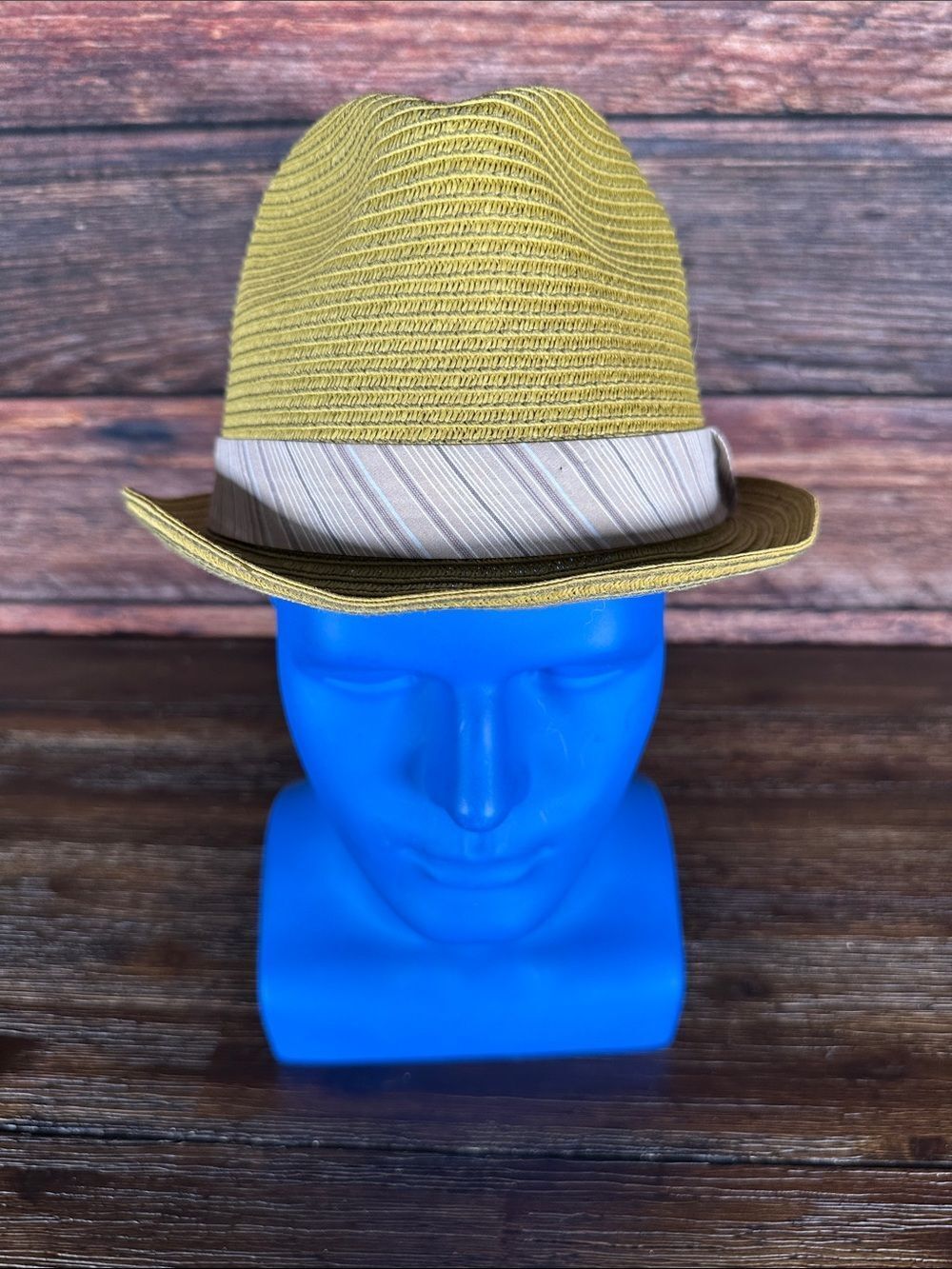 Broner Green Straw Fedora Hat with Beige Stripped Ribbon!